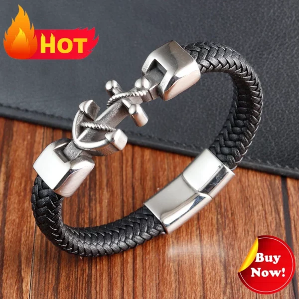 Bijoux croix Vintage en acier inoxydable, Crucifix tissé, Bracelet en cuir véritable, cadeau chrétien pour hommes – Image 14