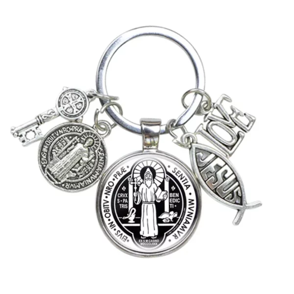Porte-Clés Médaillon Saint Benoît, J'aime Jésus, Artisanat, Breloques en Verre Bombé, Catholique, San Benito, Bijoux Religieux – Image 9