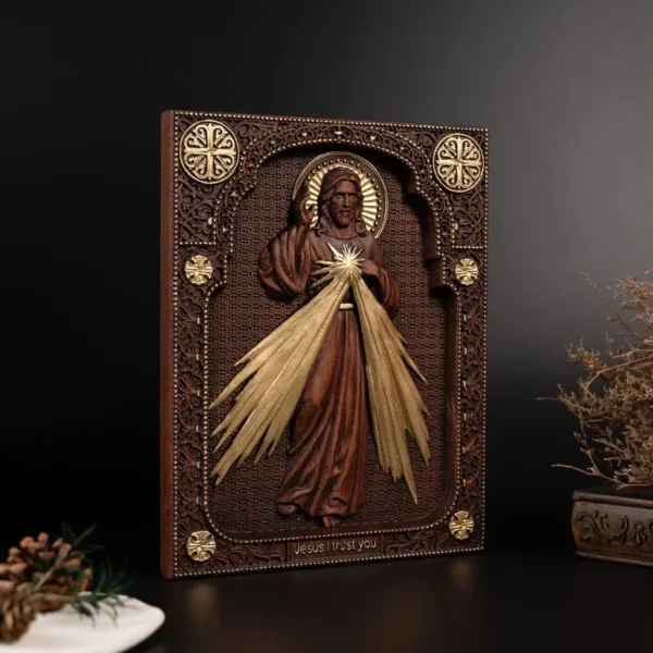 Image de jésus catholique religieux en bois, le sacré cœur et la miséricorde divine, Plaque murale de jésus, Statues sainte – Image 4