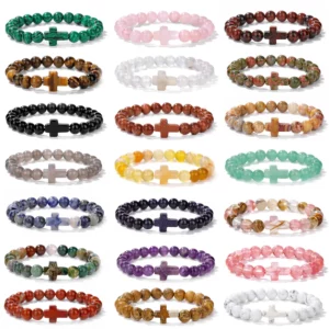 Bracelet perlé en pierre de quartz naturel pour hommes et femmes, religion, chrétien, jésus, croix, breloque, élastique, prière, yoga, bijoux