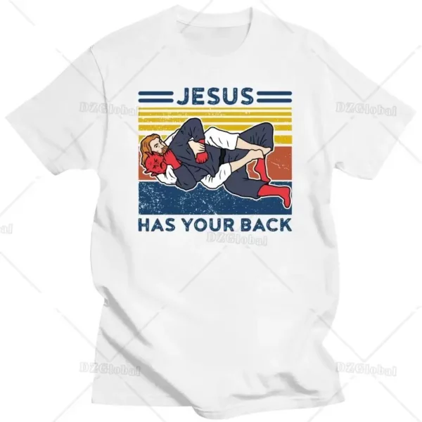 Hommes jésus a votre dos T-shirt graphique Judo Jujitsu Style de rue Harajuku motif à manches courtes coton rétro T-shirt – Image 6