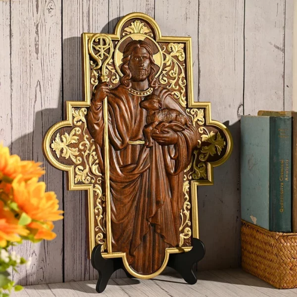 Sculpture sur bois de haute qualité, icône de berger de jésus, Plaque de Sculpture, décoration murale catholique pour la maison – Image 11