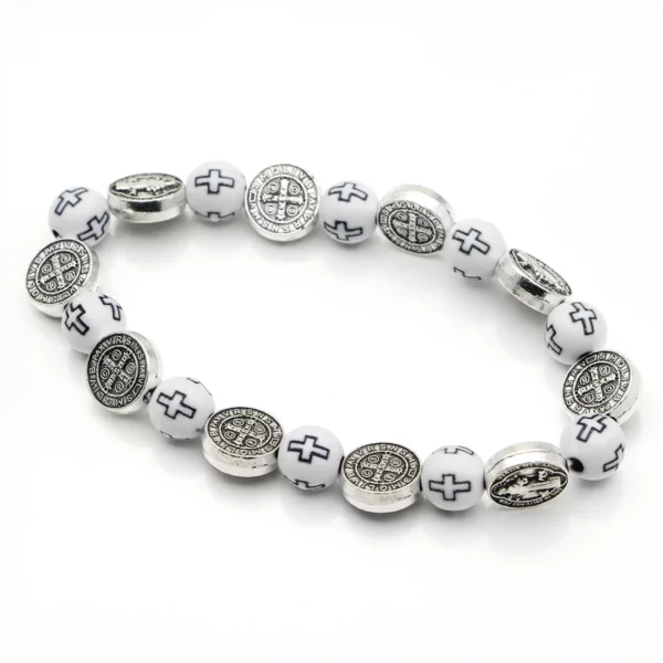 Bracelet de perles catholiques, perles croisées, médaille de saint benoît, chapelet, plaqué argent Antique, bijoux religieux, cadeaux – Image 3