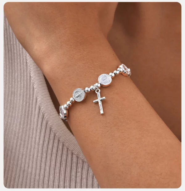 Vnox-Perles rondes JOprompt pour hommes et femmes, pendentif croix de Jésus, bracelets à breloques en or et argent, bijoux religieux catholiques – Image 12