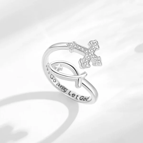 Eudora-Bague réglable en argent regardé 925 pour femme, croix de Jésus poisson, croix besters chrétienne, cadeau de bijoux Ichthus pour la colonne vertébrale – Image 3