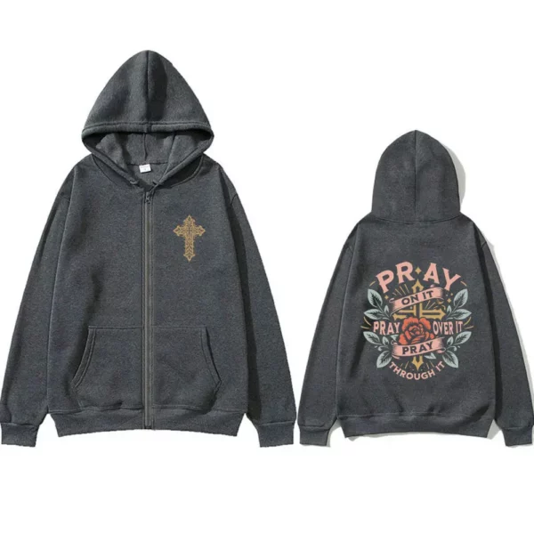 Pray on It Pray Over It T Pray Through It Christian Jesus Sweat à capuche avec fermeture éclair pour hommes et femmes, mode Vintage surdimensionné, veste zippée – Image 2