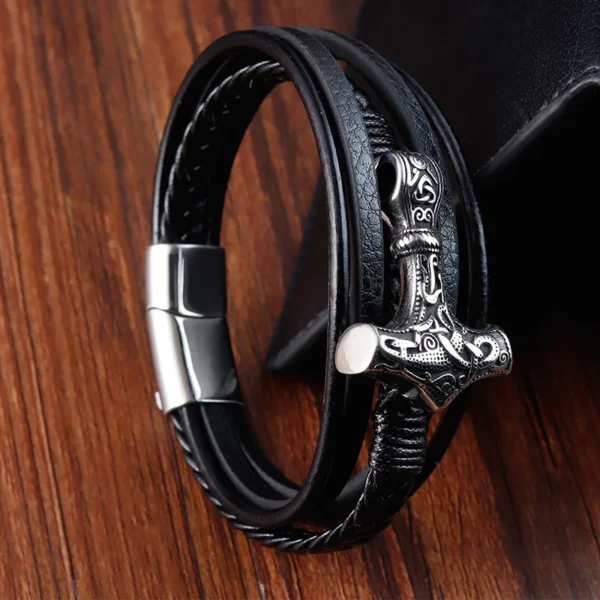 Bracelet Viking rétro en acier inoxydable pour hommes, tressé en cuir véritable, accessoire de beau cadeau à la mode, bijoux – Image 6