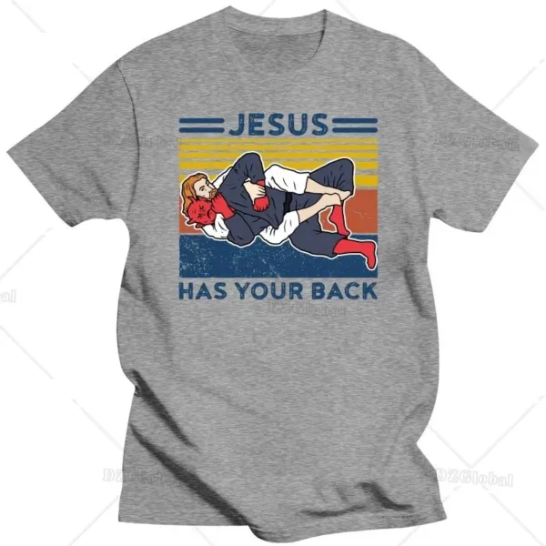 Hommes jésus a votre dos T-shirt graphique Judo Jujitsu Style de rue Harajuku motif à manches courtes coton rétro T-shirt – Image 2