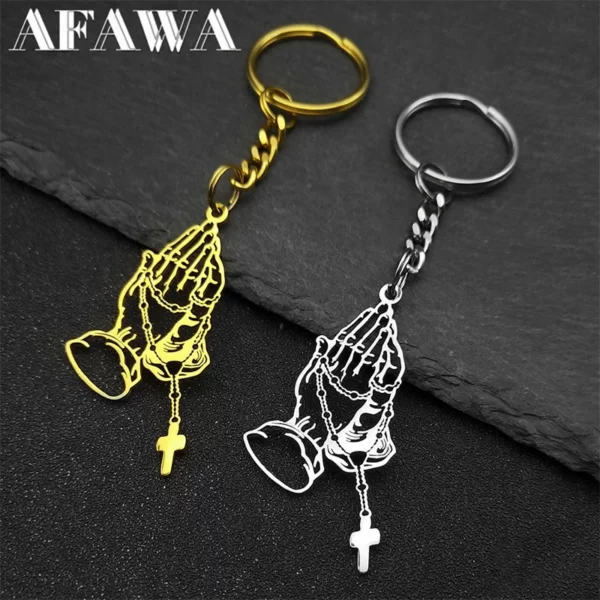 Jésus prière main chapelet perle croix porte-clés pour femmes hommes en acier inoxydable couleur or porte-clés suspendus accessoires bijoux – Image 9
