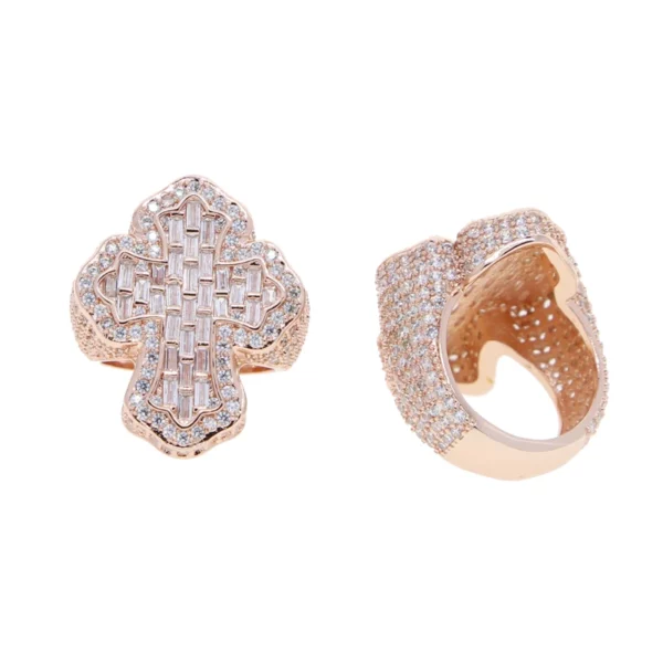 Nouveau glacé Bling CZ croix anneau plaqué or broche réglage cubique zircone grands anneaux mode Hip Hop luxe femmes hommes bijoux – Image 15