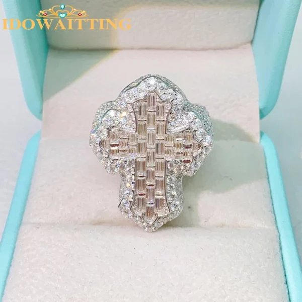 Nouveau glacé Bling CZ croix anneau plaqué or broche réglage cubique zircone grands anneaux mode Hip Hop luxe femmes hommes bijoux – Image 24