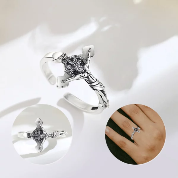 Eudora-Bague réglable en argent regardé 925 pour hommes et femmes, Saint Benoît, Saint Benoît, San Benoît, Médaillon religieux, Bijoux vintage – Image 3