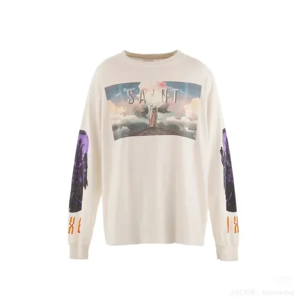Toutes les saisons meilleure qualité coton Vintage lavé noir endommagé t-shirt hommes femmes jésus imprimé Saint à manches longues t-shirts hauts – Image 48