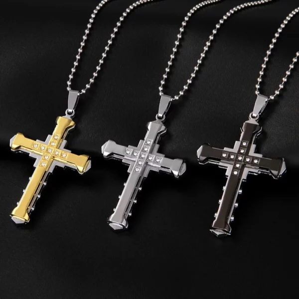 Pendentif croix de jésus en cristal pour homme, couleur or/noir/bleu, zircone, collier, bijoux en acier inoxydable, nouvelle collection 2024 – Image 18