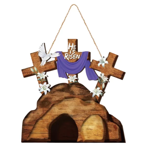 Signe de porte en bois de Jésus, décoration religieuse de Pâques pour la fête de printemps, cadeaux de saisi, He IS tosen, 30x25cm, 007 – Image 2