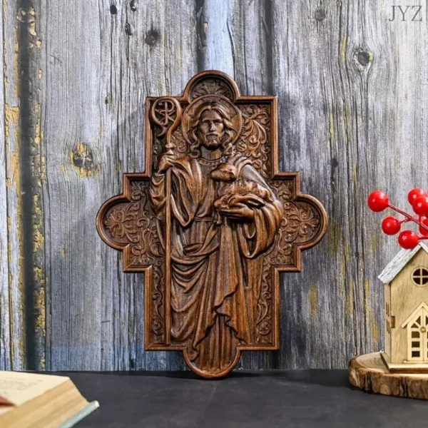 Sculpture sur bois de haute qualité, icône de berger de jésus, Plaque de Sculpture, décoration murale catholique pour la maison – Image 3