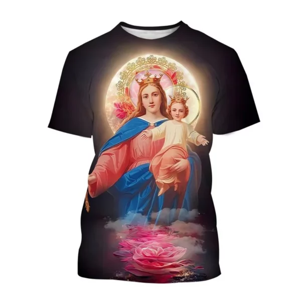 Vente chaude Vierge Marie 3D imprimé T-shirt Personnalité Christianisme Mère De Dieu Sainte Enfant T-shirts Décontracté à manches courtes T-shirt – Image 21