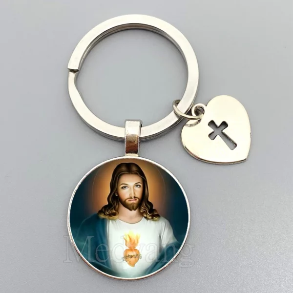 Porte-clés Jésus Sacré-Cœur Vierge Marie, porte-clés en verre breton, bijoux catholiques pour hommes et femmes, cadeaux – Image 29