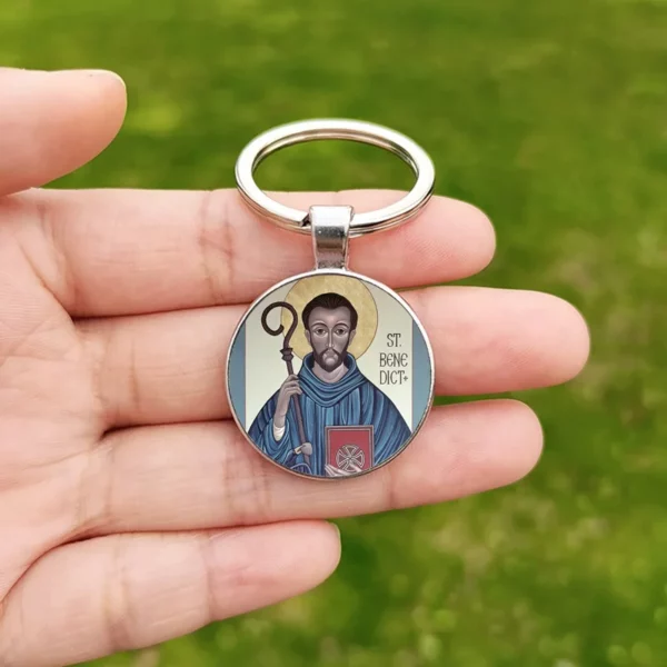 Porte-clés croix Saint benoît pour hommes, Cabochon en verre, pendentif catholique chrétien, porte-clés en métal, cadeau – Image 12