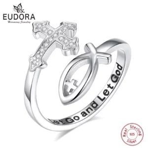 Eudora-Bague réglable en argent regardé 925 pour femme, croix de Jésus poisson, croix besters chrétienne, cadeau de bijoux Ichthus pour la colonne vertébrale