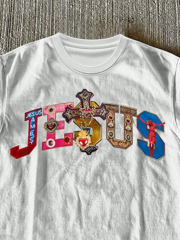(220 T-shirt en coton) T-shirt imprimé graphique de foi religieuse multicolore croix et texte de jésus pour hommes – Image 2
