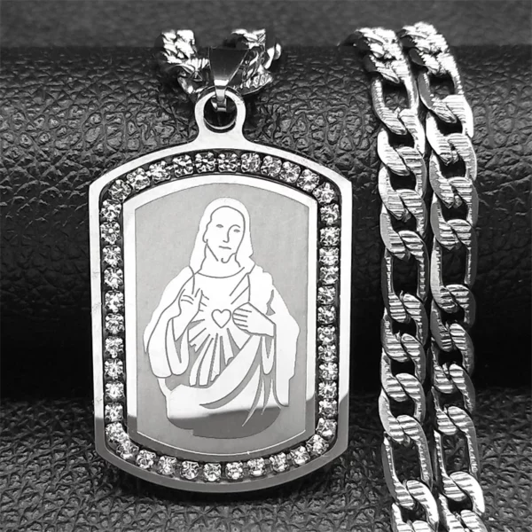 Collier pendentif coeur sacré jésus pour femmes et hommes, en acier inoxydable, strass, couleur or, amulette de foi, chaîne masculine, bijoux cadeaux – Image 4