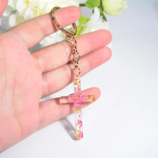 Porte-clés en résine étoile fleur sèche pour hommes et femmes, porte-clés en métal, croix de proximité, pendentif de sac à main de voiture, cadeau chrétien, mode – Image 9