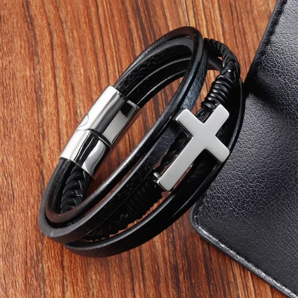 Bracelet Vintage en cuir véritable pour hommes, en acier inoxydable, tissé, croix, multicouche, accessoire de bijoux, cadeau