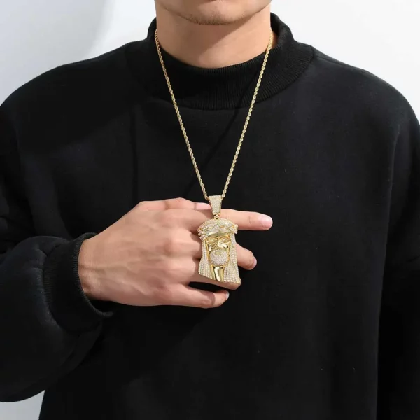 Pendentif de Jésus en diamant glacé de style hip-hop Bling, bijoux plaqués or et argent, pendentif de foi religieuse et chrétienne, cadeau – Image 32