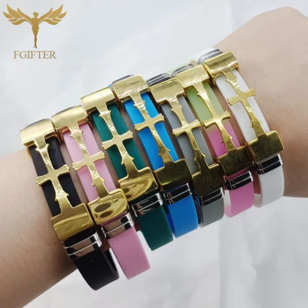 Bracelets en acier inoxydable pour documents en or, accessoire de symboles croisés, plusieurs couleurs, bracelet en caoutchouc, bracelets, religion chrétienne, bijoux – Image 3