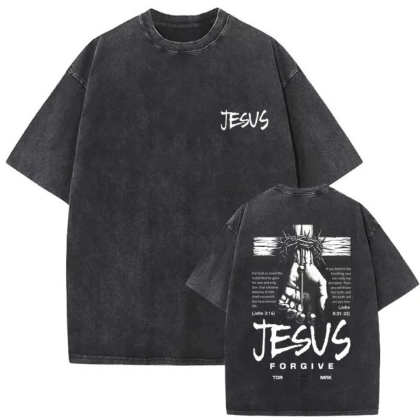 T-shirt délavé Vintage pour hommes et femmes, style religieux chrétien, jésus pardonne le père, gothique Rock, surdimensionné, Streetwear – Image 51