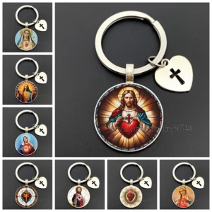 Porte-clés en verre pour hommes et femmes, cœur sacré, jésus, Saint-Marie, vierge marie, catholique, cadeau chrétien, vente en gros