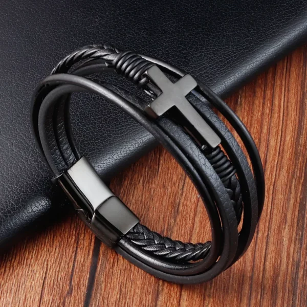 Bracelet Vintage en cuir véritable pour hommes, en acier inoxydable, tissé, croix, multicouche, accessoire de bijoux, cadeau – Image 13