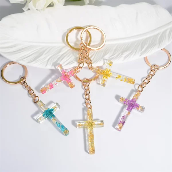 Porte-clés en résine étoile fleur sèche pour hommes et femmes, porte-clés en métal, croix de proximité, pendentif de sac à main de voiture, cadeau chrétien, mode – Image 5