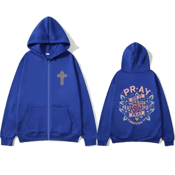 Pray on It Pray Over It T Pray Through It Christian Jesus Sweat à capuche avec fermeture éclair pour hommes et femmes, mode Vintage surdimensionné, veste zippée – Image 3