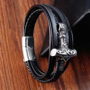 Bracelet Viking rétro en acier inoxydable pour hommes, tressé en cuir véritable, accessoire de beau cadeau à la mode, bijoux