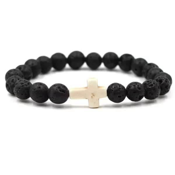 FSUNION-Bracelet à breloques en pierre naturelle pour hommes et femmes, croix, perles de lave noires, bijoux faits à la main, prière, fitness, JOCouple – Image 2