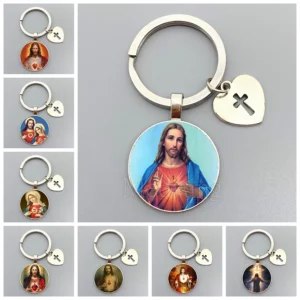 Porte-clés Jésus Sacré-Cœur Vierge Marie, porte-clés en verre breton, bijoux catholiques pour hommes et femmes, cadeaux