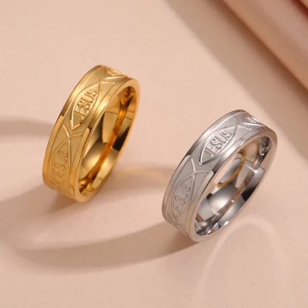 Teamer Bagues en acier inoxydable de poisson de Jésus pour les femmes et les couples, matiques de doigt larges, amulette de prière religieuse et chrétienne, cadeau de bijoux, nouveau – Image 7