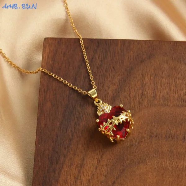 MHS.SUN plaqué or sacré coeur de jésus croix collier rouge Zircon religieux catholique pendentif colliers pour femmes filles bijoux