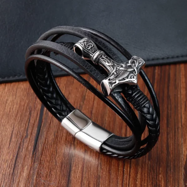 Bracelet Viking rétro en acier inoxydable pour hommes, tressé en cuir véritable, accessoire de beau cadeau à la mode, bijoux – Image 4