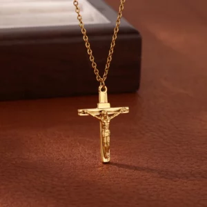 Collier croix de jésus en acier inoxydable pour femmes et hommes, couleur or, anges Caravaca, Crucifix, ras du cou, bijoux de rappeur, cadeau Hip Hop