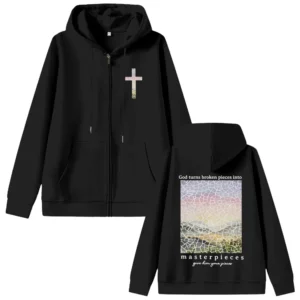 Christian jésus dieu transforme des pièces cassées dans les chefs-d 'œuvre imprimé graphique sweat à capuche avec fermeture éclair hommes femmes mode veste surdimensionnée zippée