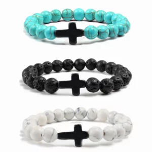 FTCY – Bracelet croix Turquoise noir, 8mm, Simple et tendance, pierre oeil de tigre, pierre volcanique, Malachite verte, bijoux à main, vente en gros