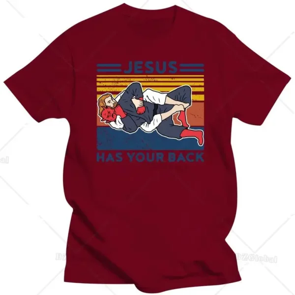 Hommes jésus a votre dos T-shirt graphique Judo Jujitsu Style de rue Harajuku motif à manches courtes coton rétro T-shirt – Image 7