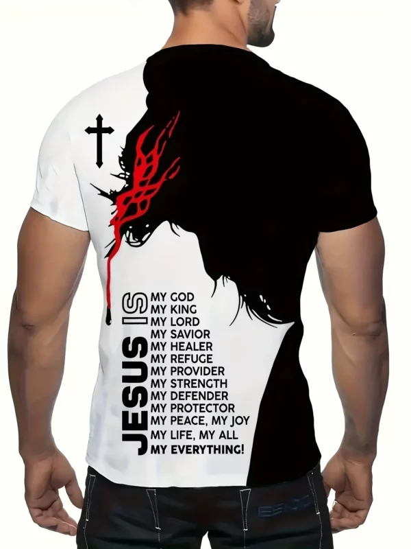T-shirt décontracté en polyester pour homme, manches courtes, col rond, impression graphique de Jésus 3D, tissu en tricot léger commandé, 1PC – Image 2