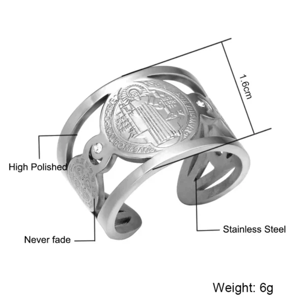 Bague médaille San Benito en acier inoxydable pour femmes et hommes, couleur or/argent, anneau ouvert en métal avec croix de San Benito réglable – Image 2