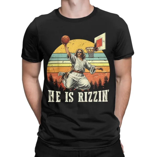 Drôle il est Rizzin coton T-Shirt pour homme été jésus jouant au basket-ball chrétien Vintage T-Shirts Harajuku T-Shirt grande taille – Image 2