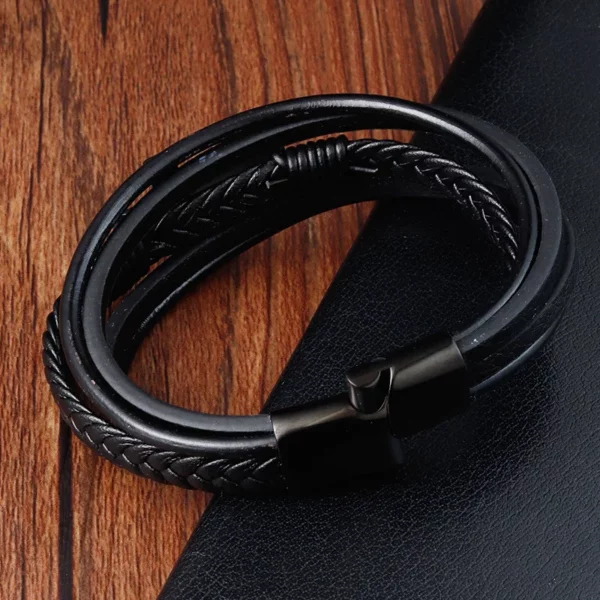 Bracelet Vintage en cuir véritable pour hommes, en acier inoxydable, tissé, croix, multicouche, accessoire de bijoux, cadeau – Image 15