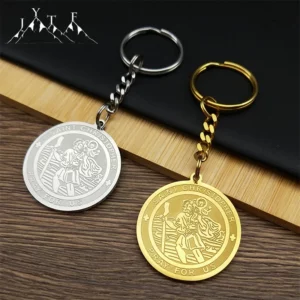 Porte-clés jésus Saint Christopher pour femmes et hommes, en acier inoxydable, couleur or, médaille ronde, bijoux chrétiens de fête